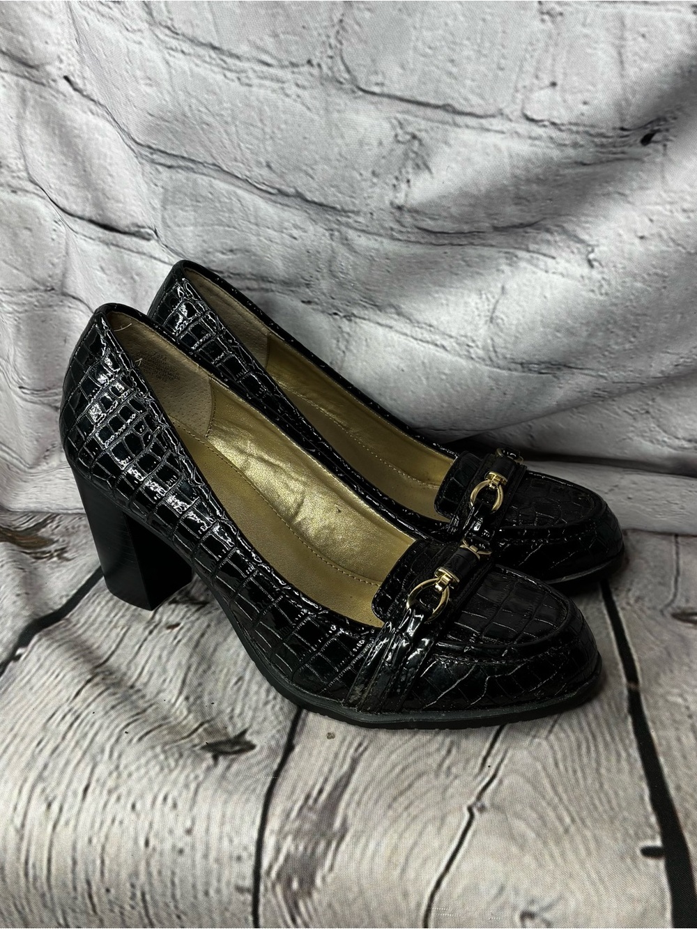 Vtg 90s Preppy Corporate Goth Black Croc Embossed Chunky Heel Loafer Pumps 7.5